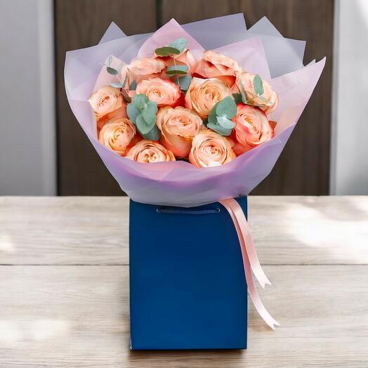 Apricot Sorbet (12 Premium Roses with Eucalyptus)