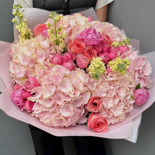Pink bouquet with hydrangeas (peony roses, matiola, spray roses, roses, hydrangeas )