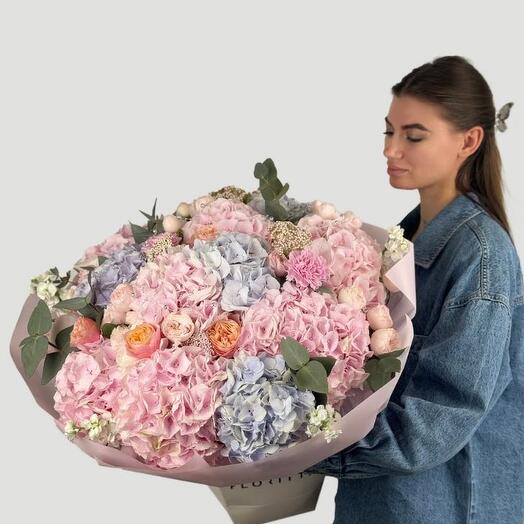 Morning Mist (peony roses, eucalyptus , matiola, hydrangeas , ozothamnus , peony spray roses)