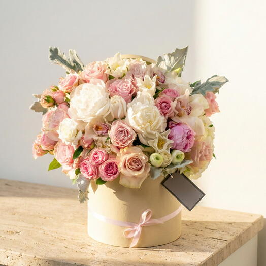 Blush Peony   Rose Luxury Hat Box Arrangement
