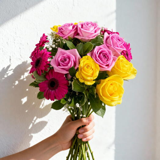 Since Forever Mixed Roses   Gerbera Bouquet – Romantic Pink   Yellow Flower Arrangement