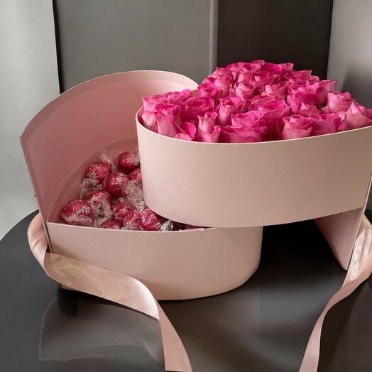"Sweetheart Bloom Box" – Pink Roses   Lindor Chocolates in a Heart-Shaped Box