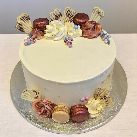 Elegant Celebration Cake with Macarons   Cream Swirls | 8-Inch Custom Layers
