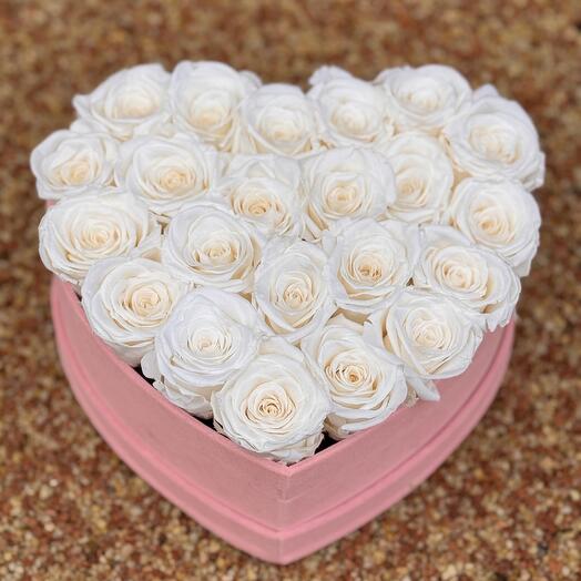 Coral box and white roses