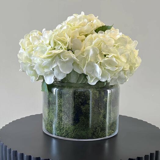 ELEGANT IVORY HYDRANGEA ARRANGEMENT IN MOSS GLASS VASE