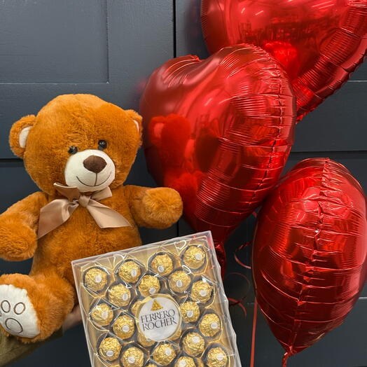 Romantic Gift Set with Teddy Bear, Ferrero Rocher and Heart Balloons