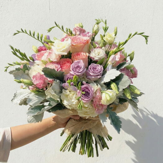 European Pastel Bouquet – Romantic Roses, Lisianthus   Soft Garden Greens