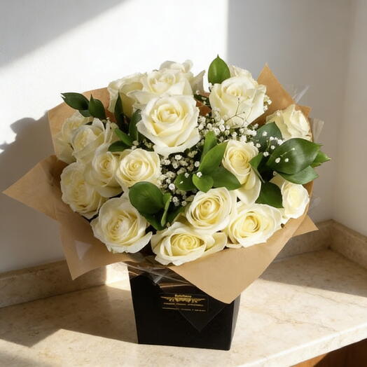 Pure Elegance White Rose Box – Luxury 18 White Roses Arrangement