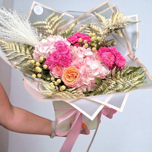 The Wild Once Upon Bouquet – Hydrangea, Roses   Gold Accents